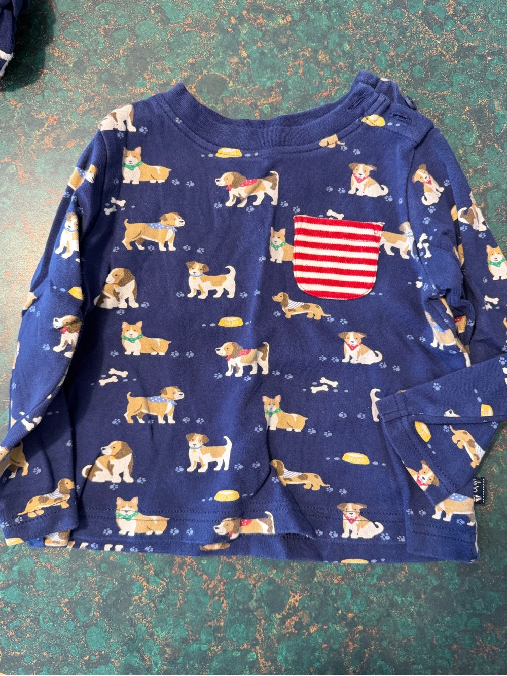 Kids Navy Dog-Print Long Sleeve Top with Red Stripe Pocket